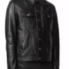 Mens Spy Black Leather Trucker Jacket