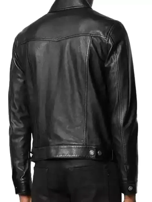 Mens Spy Black Leather Trucker Jacket Back