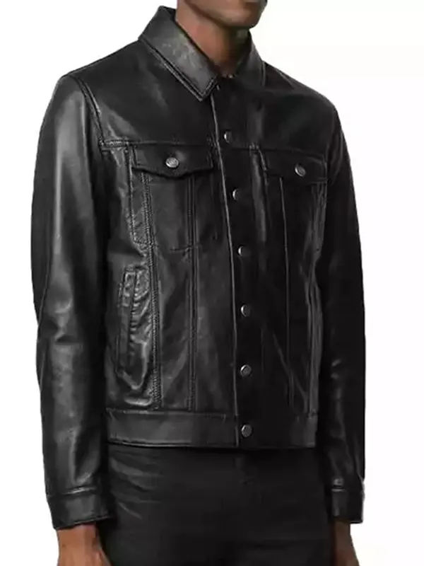 Mens Spy Black Leather Trucker Jacket