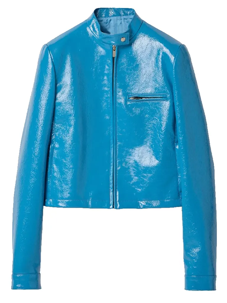 Alix Earle Paris Fashion Week Blue Leather Jacket