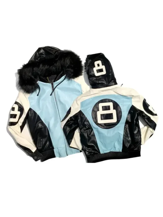 8 Ball Black and Sky Blue Leather Jacket