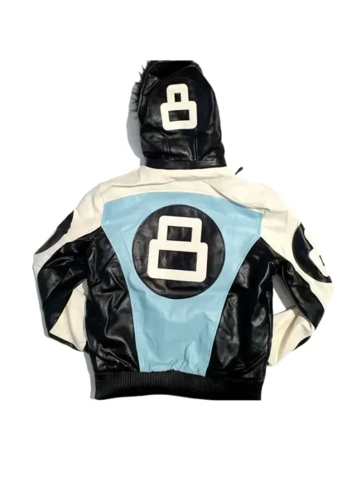 8 Ball Black and Sky Blue Leather Jacket Back
