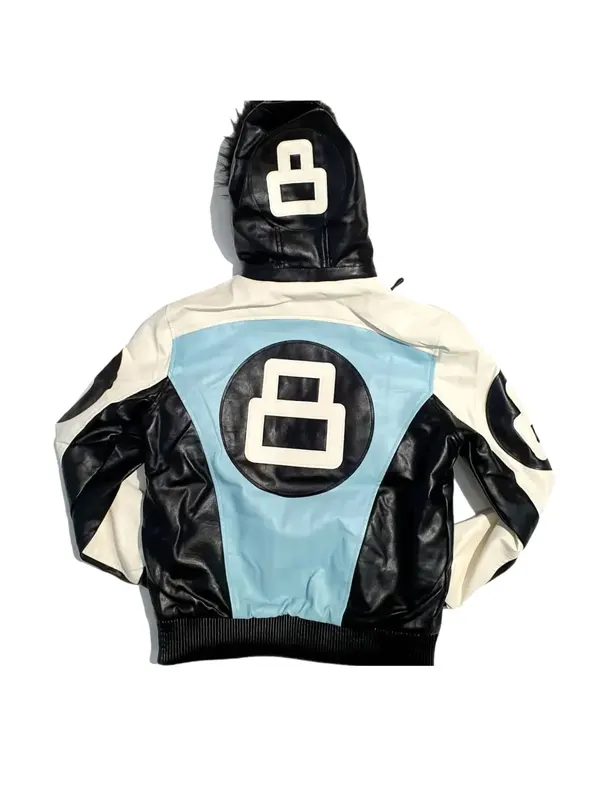 8 Ball Black and Sky Blue Leather Jacket Back