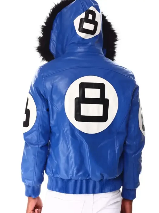 8 Ball Blue Hooded Leather Jacket Back