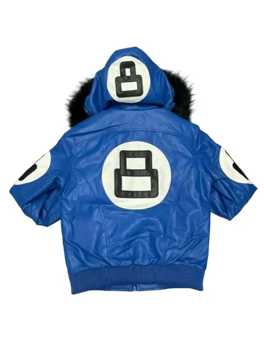8 Ball Blue Leather Hooded Jacket Back