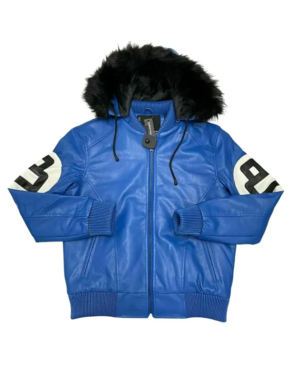 8 Ball Blue Leather Hooded Jacket