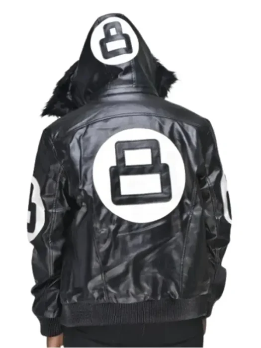 8 Ball David Puddy Black Leather Bomber Jacket Back
