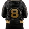 8 Ball David Puddy Inspired Black and Golden Bomber Leather Jacket Back