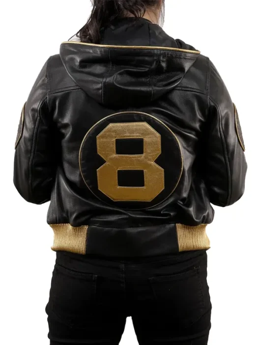 8 Ball David Puddy Inspired Black and Golden Bomber Leather Jacket Back