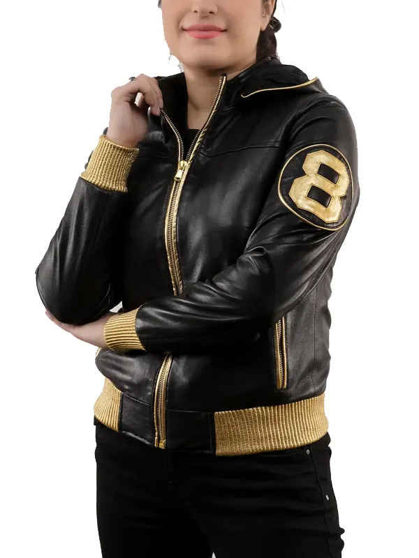 8 Ball David Puddy Inspired Black and Golden Bomber Leather Jacket