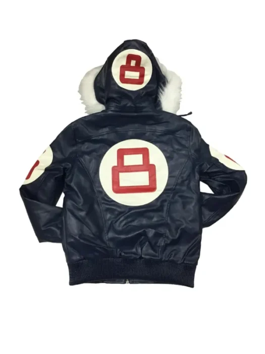 8 Ball Navy Leather Hooded Jacket Back