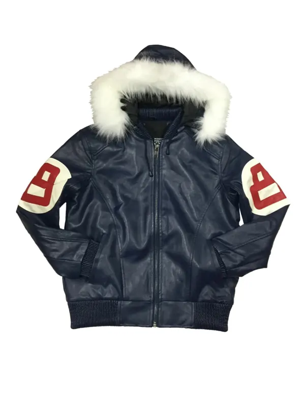 8 Ball Navy Leather Hooded Jacket