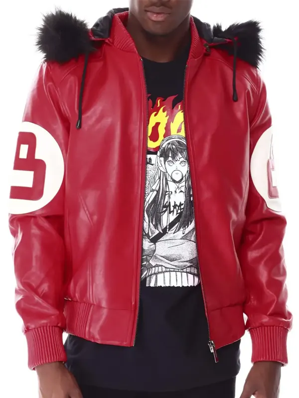 8 Ball Red Hooded Leather Bomber Jacket