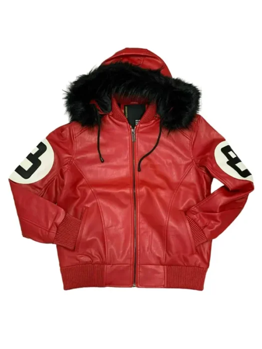 8 Ball Red Leather Hooded Jacket