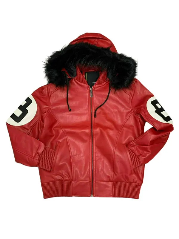 8 Ball Red Leather Hooded Jacket