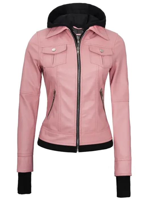 Betty Women Bomber Pink Leather Jacket With Hood
