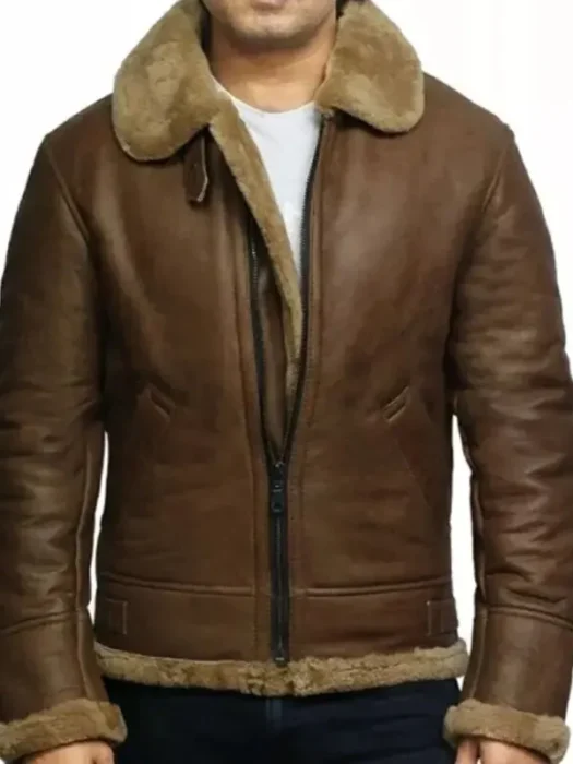 Brown Vintage Shearling Bomber Leather Aviator Jacket