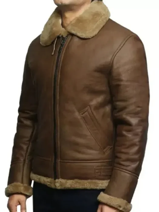 Brown Vintage Shearling Bomber Leather Aviator Jacket for Men’s
