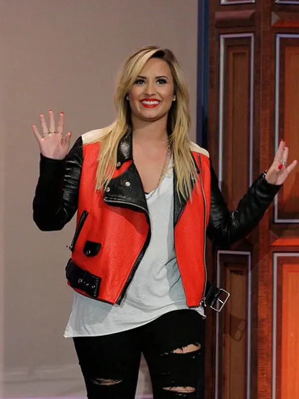 DEMI LOVATO RED AND BLACK LEATHER JACKET