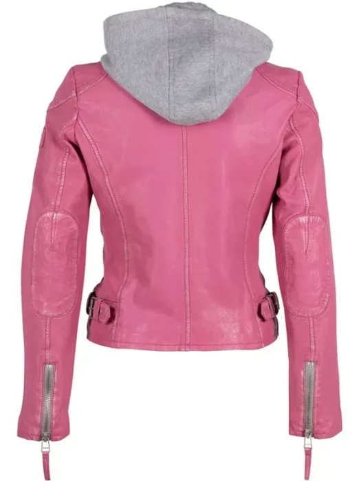 FINJA PINK LEATHER JACKET WITH ZIP-OFF HOODY Back
