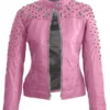 Leather Skin Women Pink Spike Skeleton Studs Genuine Leather Jacket