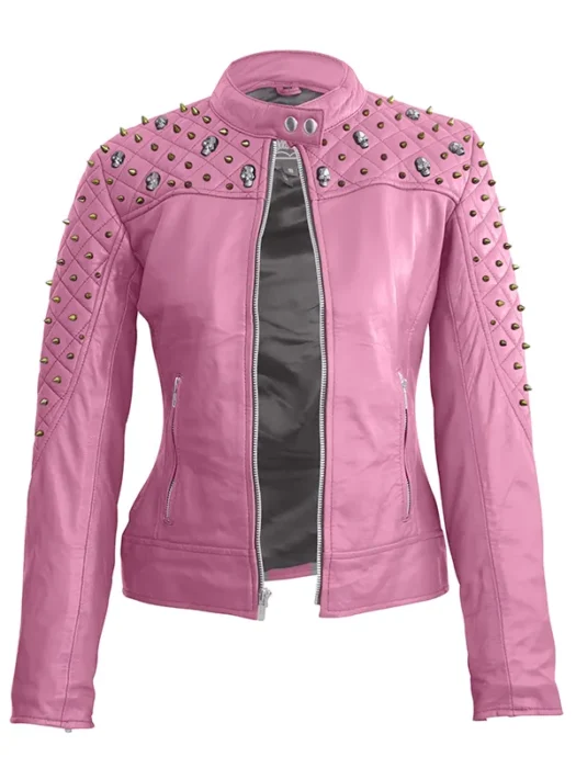 Leather Skin Women Pink Spike Skeleton Studs Genuine Leather Jacket