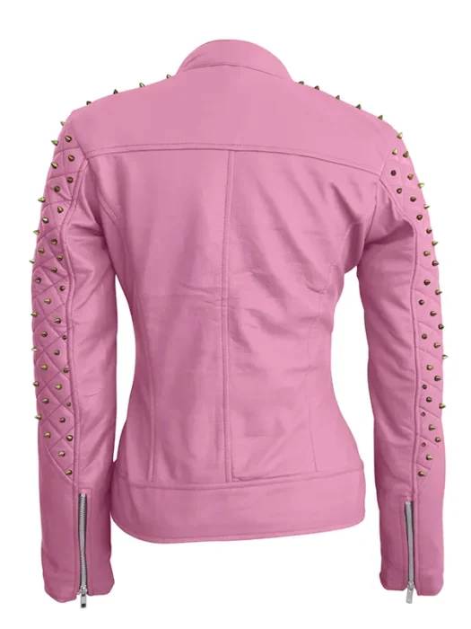Leather Skin Women Pink Spike Skeleton Studs Genuine Leather Jacket Back