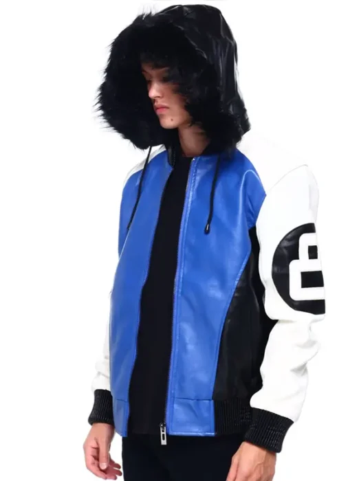 Mens 8 Ball Blue Hooded Leather Jacket