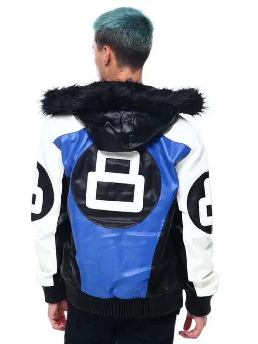 Mens 8 Ball Blue Hooded Leather Jacket Back