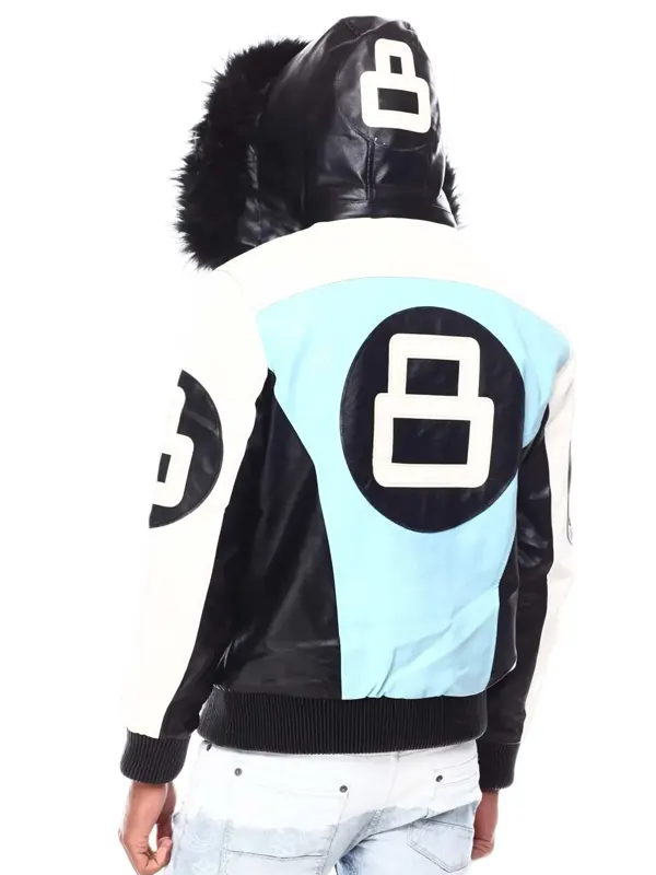 Mens 8 Ball Light-Blue Bomber Leather Jacket Back