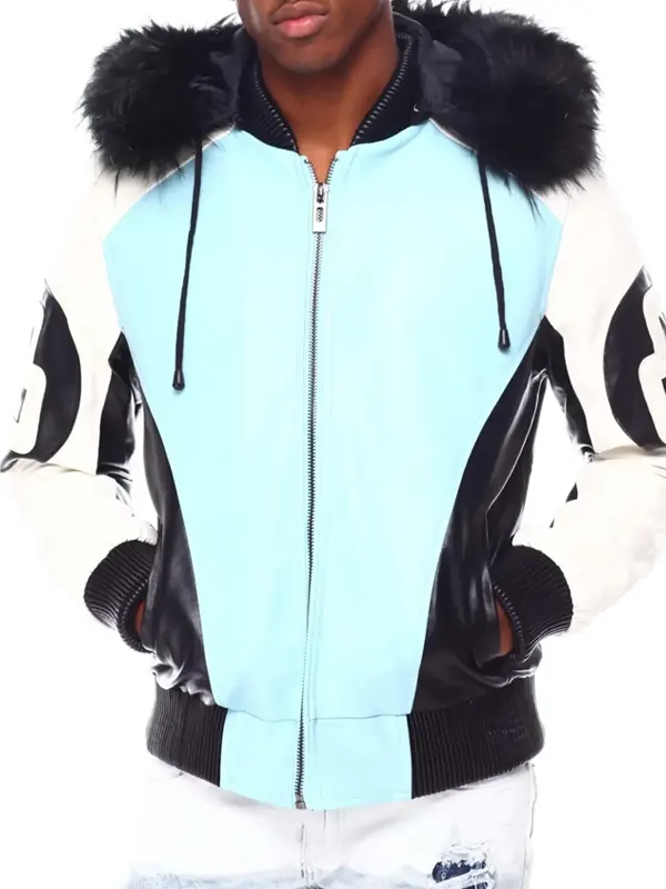 Mens 8 Ball Light-Blue Bomber Leather Jacket