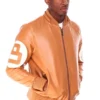Mens 8 Ball Light-Brown Bomber Leather Jacket