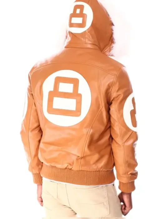 Mens 8 Ball Light-Brown Bomber Leather Jacket Back