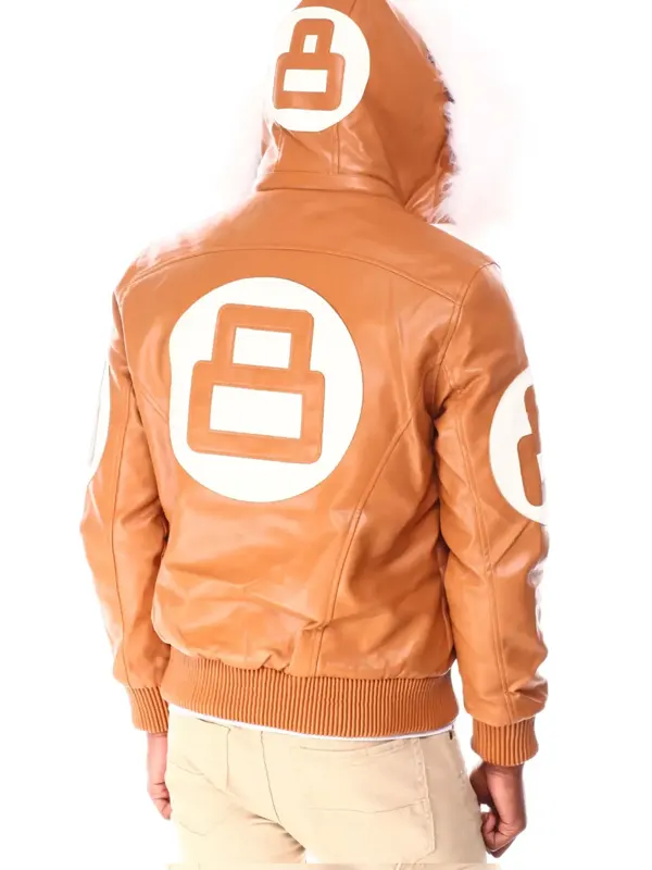 Mens 8 Ball Light-Brown Bomber Leather Jacket Back
