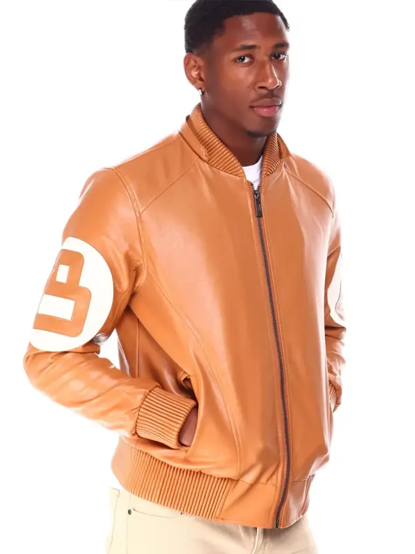 Mens 8 Ball Light-Brown Bomber Leather Jacket