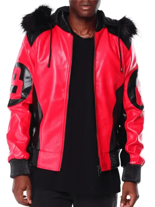Mens 8 Ball Red Hooded Leather Jacket