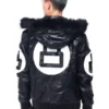 Mens Black 8 Ball Real Leather Hooded Jacket Back
