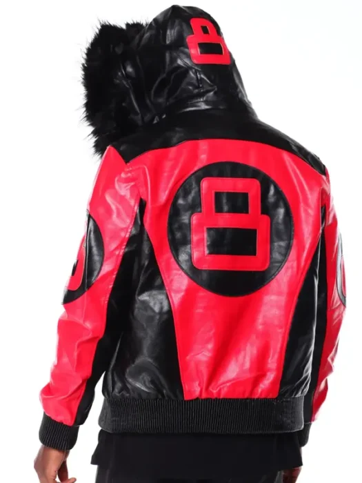 Mens Black Red 8 Ball Hooded Leather Jacket Back