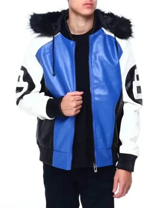Mens Blue 8 Ball Hooded Leather Jacket