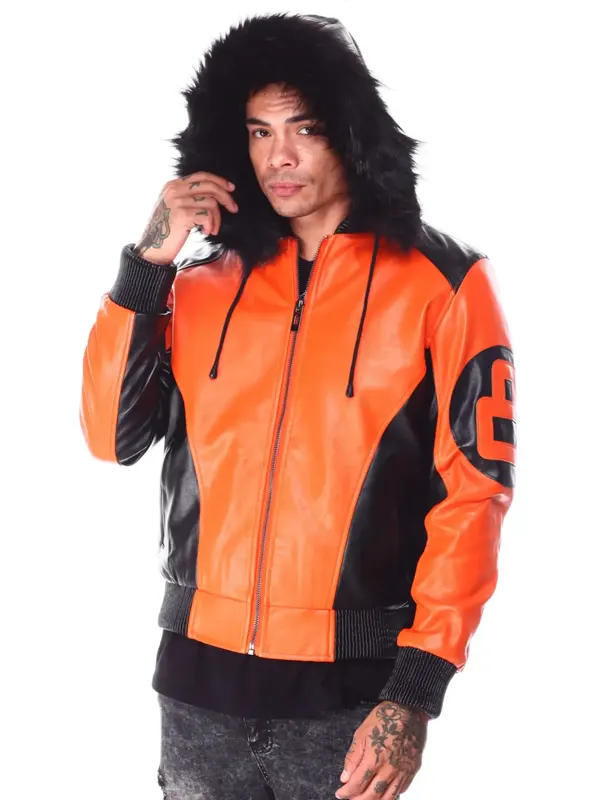 Mens Orange 8 Ball Hooded Leather Bomber Jacket