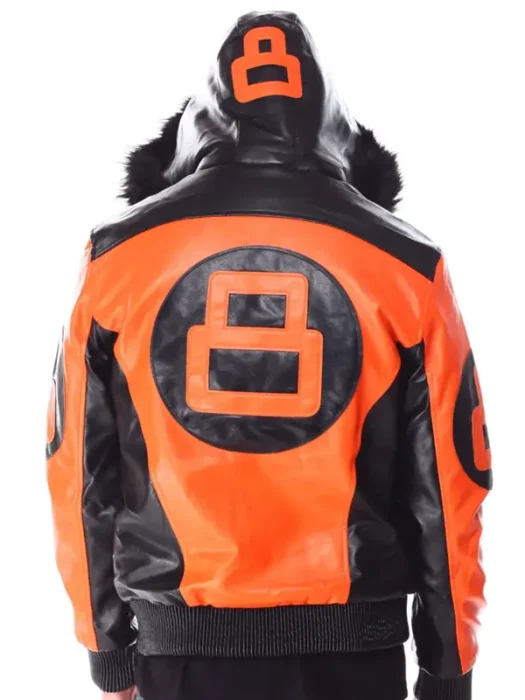 Mens Orange 8 Ball Hooded Leather Bomber Jacket Back