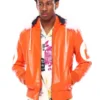Mens Orange 8 Ball Hooded Leather Jacket