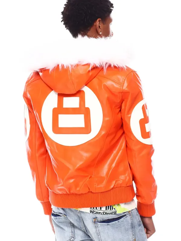 Mens Orange 8 Ball Hooded Leather Jacket Back