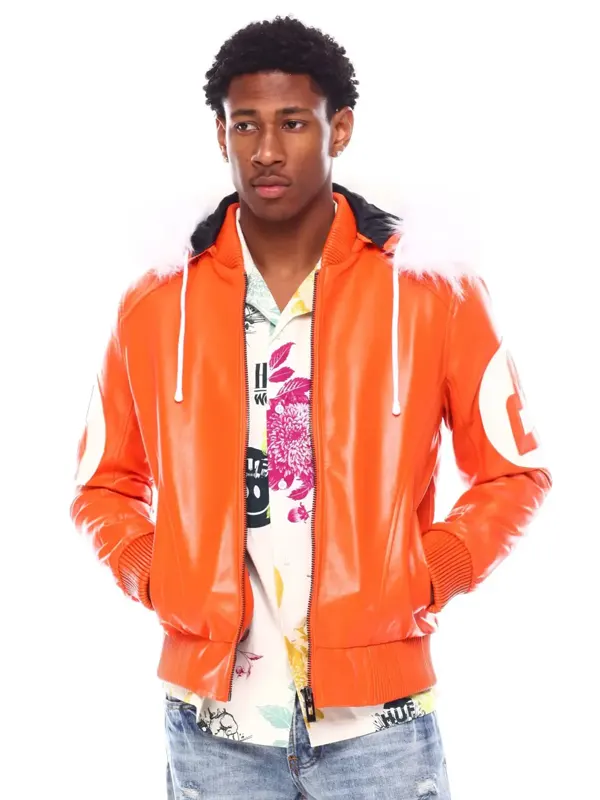 Mens Orange 8 Ball Hooded Leather Jacket