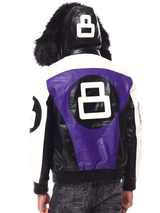 Mens Purple 8 Ball Color Block Hooded Bomber Jacket Back