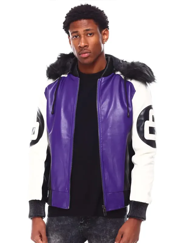 Mens Purple 8 Ball Hooded Bomber Jacket