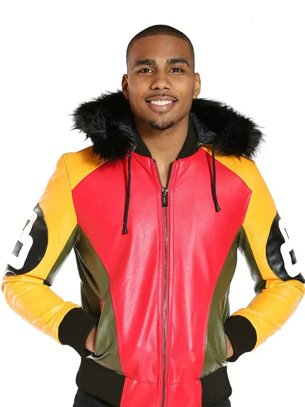 Men’s Tri Color 8 Ball Fur Hooded Leather Jacket