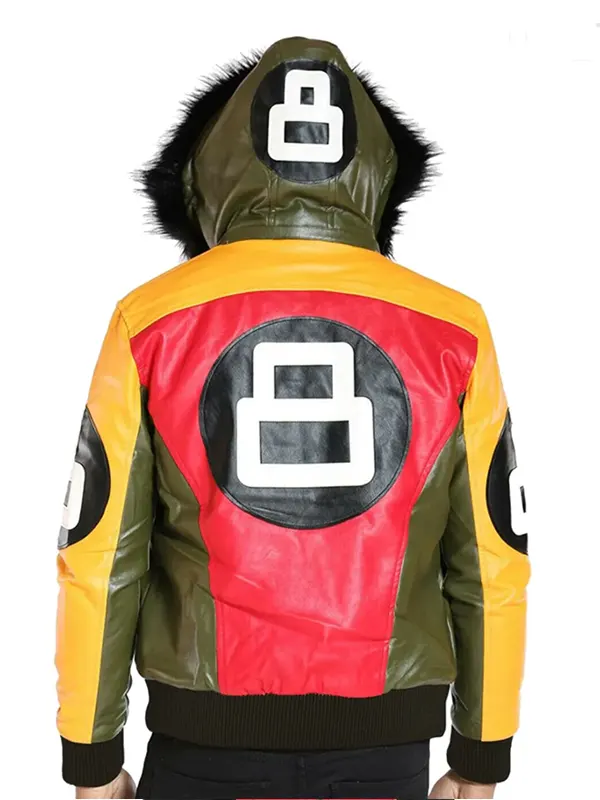 Men’s Tri Color 8 Ball Leather Jacket with Fur Hood Back