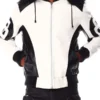 Men’s White and Black 8 Ball Leather Hooded Bomber Jacket
