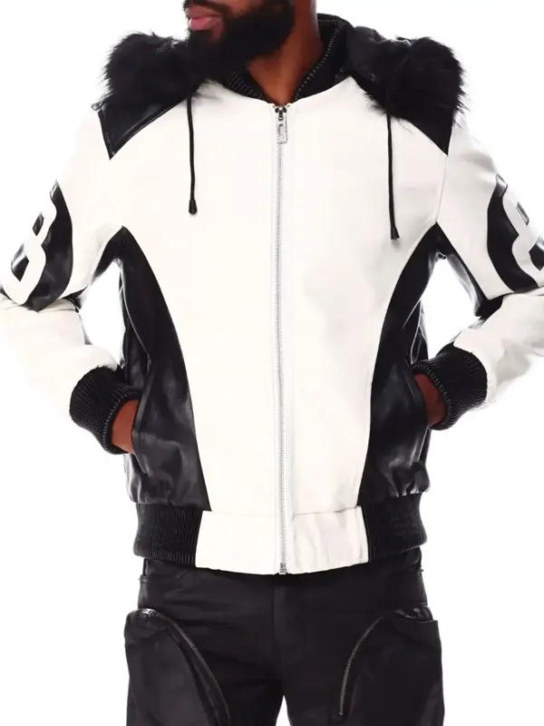 Men’s White and Black 8 Ball Leather Hooded Bomber Jacket